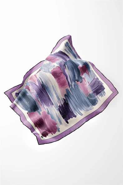 Twill Fırça Darbesi Desenli Lila Renkli 90x90 Eşarp (İpek İçermez) Kenar Dikiş Şekli El Dikişli - Resim 3