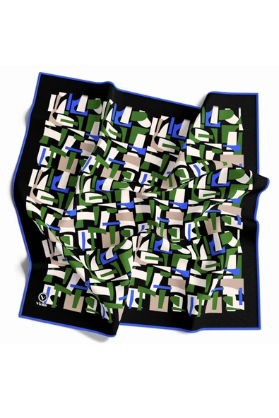 Twill Geometrik Desenli Zümrüt Yeşili - Saks Renkli 90x90 Eşarp (İpek İçermez) Dikim Şekli : El Dikişi ürün görseli 1