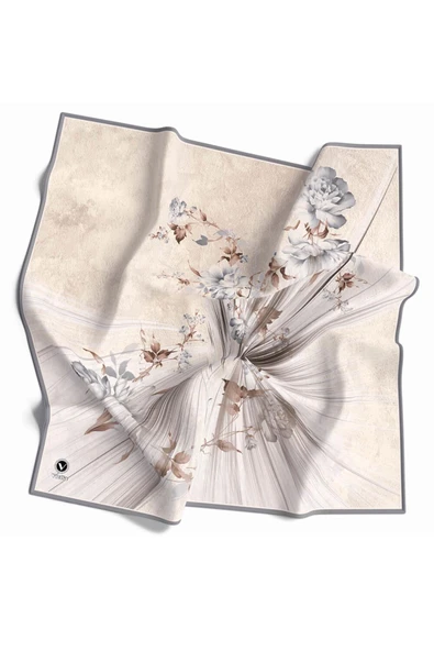 Twill Çiçekli Desenli Gri Renkli 90x90 Eşarp (İpek İçermez) Kenar Dikiş Şekli El Dikişli ürün görseli