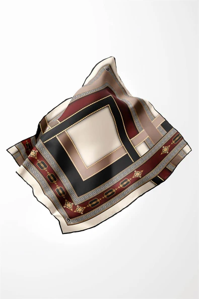Twill Gold Detaylı ve Antik Motif Desenli Bordo Renkli 90x90 Eşarp (İpek İçermez) Kenar Dikiş Şekli El Dikişli - Resim 4