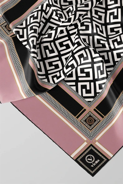 Twill Antik Desenli Pudra Renkli 90x90 Eşarp (İpek İçermez) Kenar Dikiş Şekli El Dikişli - Resim 2