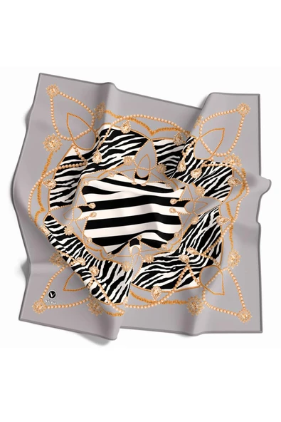 Twill Gold Detaylı Zebra Desenli Gümüş Renkli 90x90 Eşarp (İpek İçermez) Kenar Dikiş Şekli El Dikişli ürün görseli