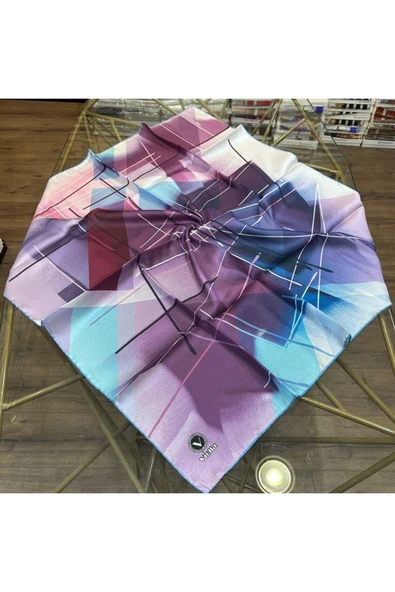 Kristal Geometrik Desenli Lila - Buz Mavisi Renkli 90x90 Eşarp (İpek İçermez) Kenar Dikiş Şekli El Dikişli - Resim 2