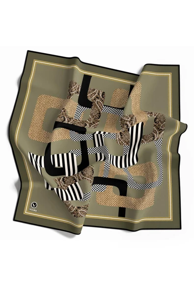 Twill Geometrik Desenli Haki Renkli 90x90 Eşarp (İpek İçermez) Kenar Dikiş Şekli El Dikişli ürün görseli