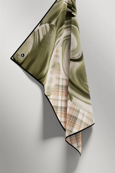 Twill Dalga ve Ekose Desenli Haki Yeşili Renkli 90x90 Eşarp (İpek İçermez)Kenar Dikiş Şekli El Dikişli - Resim 4