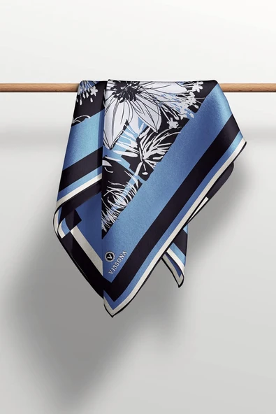 %100 Twill İpek Çiçekli ve Geometrik Desenli İndigo - Siyah Renkli 90x90 Eşarp Dikim Şekli : El Dikişi - Resim 5