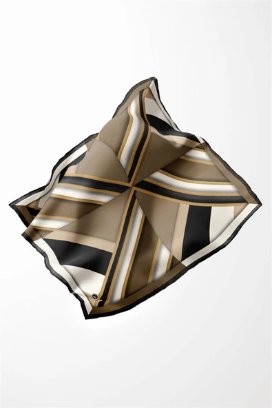 Twill Geometrik Desenli Bej Renkli 90x90 Eşarp (İpek İçermez) Dikim Şekli : El Dikişi - Resim 3