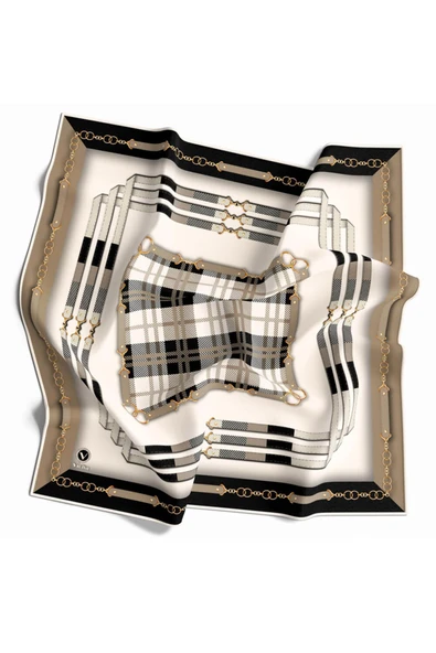 Twill Ekoseli Ve Zincir Desenli Bej Renkli 90x90 Eşarp (İpek İçermez) Dikim Şekli : El Dikişi - Resim 2