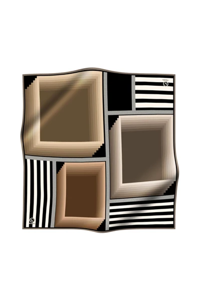 Twill Geometrik Desenli Bej Renkli 90x90 Eşarp (İpek İçermez) Kenar Dikiş Şekli El Dikişli - Resim 2