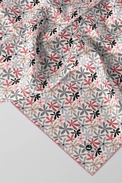 Twill Renkli Çiçek Desenli Pudra Renkli 90x90 Eşarp (İpek İçermez) Kenar Dikiş Şekli El Dikişli - Resim 2