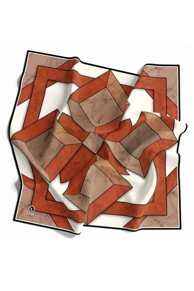 Twill Mermer Desenli Taba - Bej Renkli 90x90 Eşarp (İpek İçermez) Kenar Dikiş Şekli El Dikişli - Resim 3