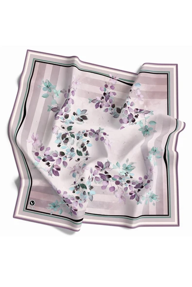 Twill Çiçek Desenli Lila Renkli 90x90 Eşarp (İpek İçermez) Kenar Dikiş Şekli El Dikişli - Resim 2