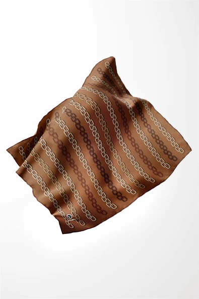 Twill Zincir Desenli Taba Renkli 90x90 Eşarp (İpek İçermez) Kenar Dikiş Şekli El Dikişli - Resim 3
