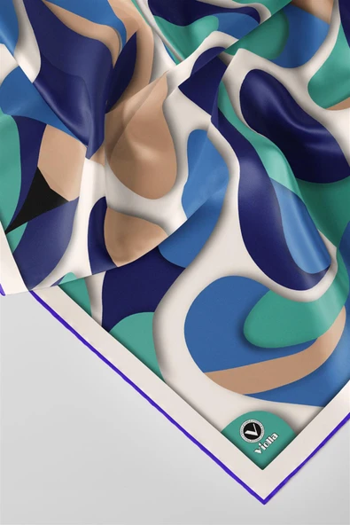 Twill Soyut Geometrik Desenli Saks - Koyu Mint Yeşili Renkli 90x90 Eşarp (İpek İçermez) Dikim Şekli : El Dikişi - Resim 2