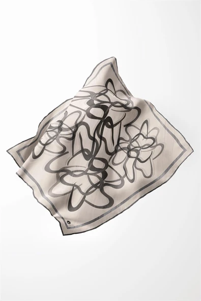 Twill Çizgili Geometrik Desenli Gri Renkli 90x90 Eşarp (İpek İçermez) Kenar Dikiş Şekli El Dikişli - Resim 3