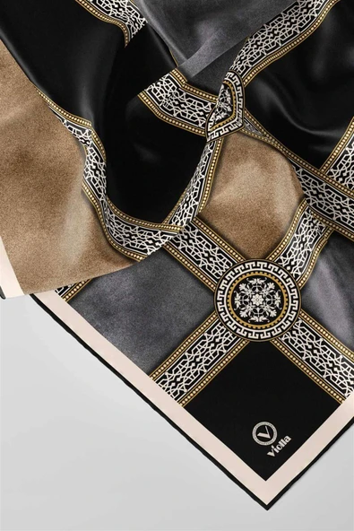 Twill Geometrik Desenli Gri Renkli 90x90 Eşarp (İpek İçermez) Kenar Dikiş Şekli El Dikişli - Resim 2