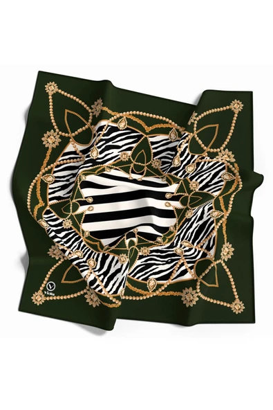 Twill Gold Detaylı Zebra Desenli Zümrüt Yeşili Renkli 90x90 Eşarp (İpek İçermez) Kenar Dikiş Şekli El Dikişli ürün görseli