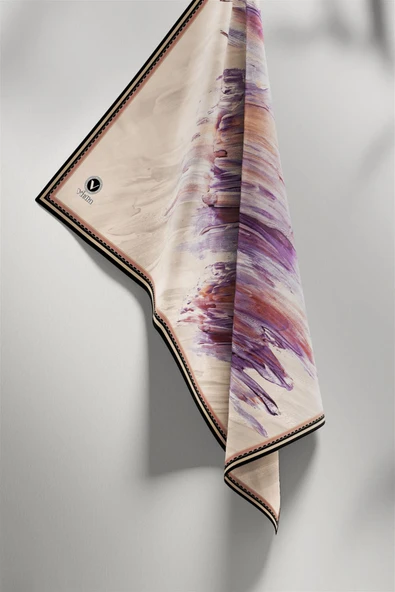 Twill Fırça Darbesi Desenli Somon Renkli 90x90 Eşarp (İpek İçermez) Dikim Şekli : El Dikişi - Resim 4