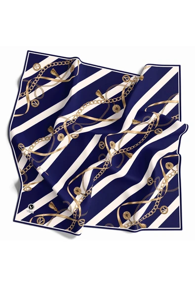 Twill Çizgili Kemer ve Zinci Desenli Krem Renkli 90x90 Eşarp (İpek İçermez) Kenar Dikiş Şekli El Dikişli - Resim 2