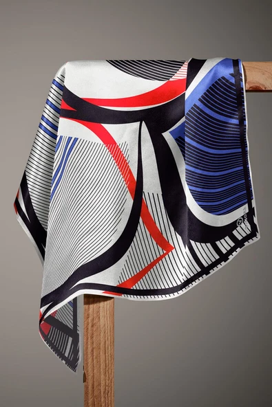 %100 Twill İpek Çizgili Geometrik Desenli Beyaz - Saks Renkli 90x90 Eşarp Dikim Şekli : El Dikişi - Resim 4