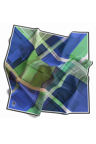 Kristal Ekose Desenli Saks Renkli 90x90 Eşarp (İpek İçermez) Kenar Dikiş Şekli El Dikişli ürün görseli 1