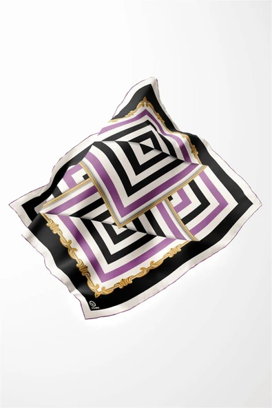 Twill Geometrik Desenli Lila Renkli 90x90 Eşarp (İpek İçermez) Kenar Dikiş Şekli El Dikişli - Resim 3
