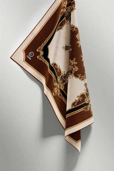 Twill Barok Desenli Taba Renkli 90x90 Eşarp (İpek İçermez) Dikim Şekli : El Dikişi - Resim 4