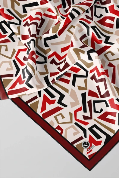 Twill Geometrik Desenli Bordo Renkli 90x90 Eşarp (İpek İçermez) Kenar Dikiş Şekli El Dikişli - Resim 2