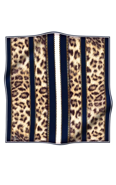 %100 Twill İpek Leopar Desenli Lacivert - Krem Renkli 90x90 Eşarp Dikim Şekli : El Dikişi - Resim 2