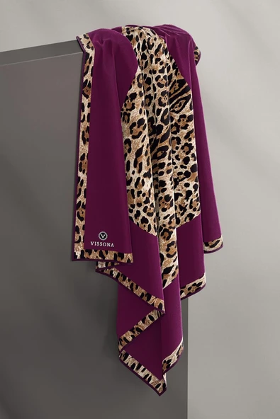 %100 Twill İpek Leopar Desenli Mürdüm Renkli 90x90 Eşarp Dikim Şekli : El Dikişi - Resim 4