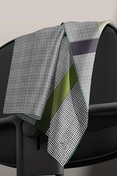 %100 Twill İpek Kazayağı Desenli Zümrüt Yeşili - Haki Renkli 90x90 Eşarp Dikim Şekli : El Dikişi - Resim 5