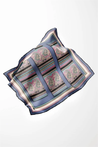 Twill Şal Desenli İndigo Renkli 90x90 Eşarp (İpek İçermez) Kenar Dikiş Şekli El Dikişli - Resim 4