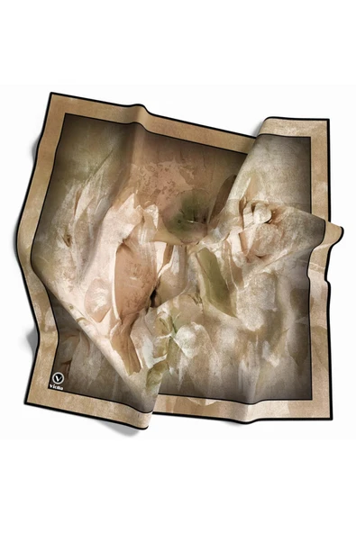Twill Sulu Boyalı Çiçek Desenli Bej Renkli 90x90 Eşarp (İpek İçermez) Kenar Dikiş Şekli El Dikişli ürün görseli
