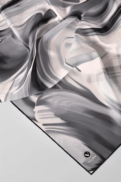 Twill Dalga ve Ekose Desenli Gri Renkli 90x90 Eşarp (İpek İçermez)Kenar Dikiş Şekli El Dikişli - Resim 2