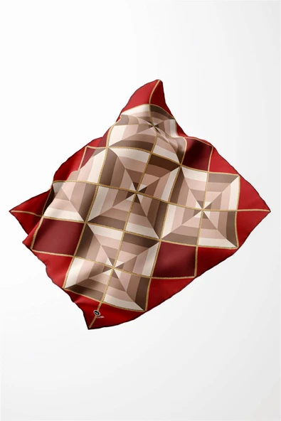 Twill Geometrik Desenli Bordo Renkli 90x90 Eşarp (İpek İçermez) Kenar Dikiş Şekli El Dikişli - Resim 3