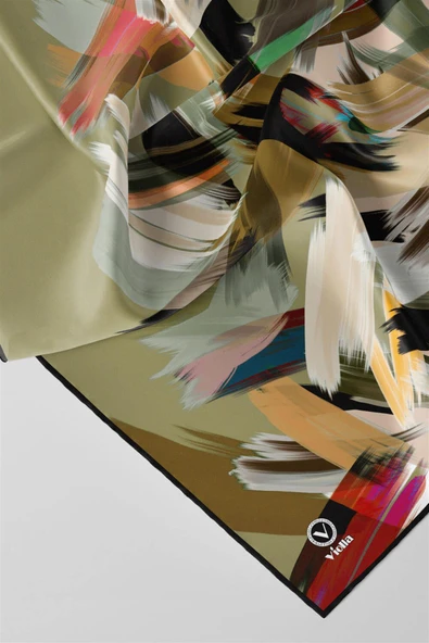 Twill Fırça Desenli Haki Renkli 90x90 Eşarp (İpek İçermez) Kenar Dikiş Şekli El Dikişli - Resim 2