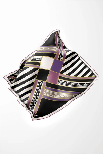 Twill Çizgili Geometrik Desenli Lila Renkli 90x90 Eşarp (İpek İçermez) Kenar Dikiş Şekli El Dikişli - Resim 3