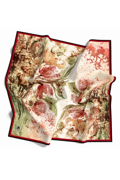 Rayon Sulu Boyalı Çiçek Desenli Bordo Renkli 90x90 Eşarp (İpek İçermez) Kenar Dikiş Şekli El Dikişli - Resim 2