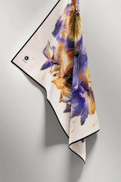 Twill Çiçek Desenli Hardal - Mor Renkli 90x90 Eşarp (İpek İçermez) Kenar Dikiş Şekli El Dikişli - Resim 4