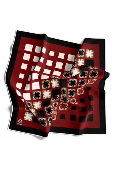 Twill Gold Detaylı Kare Desenli Bordo - Siyah Renkli 90x90 Eşarp (İpek İçermez) Kenar Dikiş Şekli El Dikişli - Resim 3