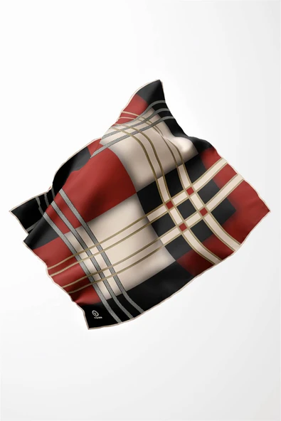 Twill Geometrik Desenli Siyah - Bordo Renkli 90x90 Eşarp (İpek İçermez) Kenar Dikiş Şekli El Dikişli - Resim 4