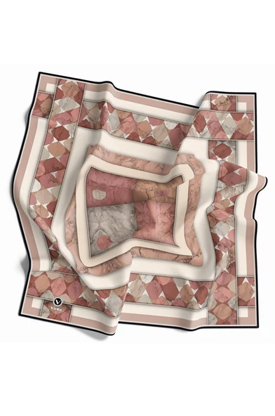 Twill Geometrik Mermer Desenli Somon Renkli 90x90 Eşarp (İpek İçermez) Kenar Dikiş Şekli El Dikişli - Resim 2