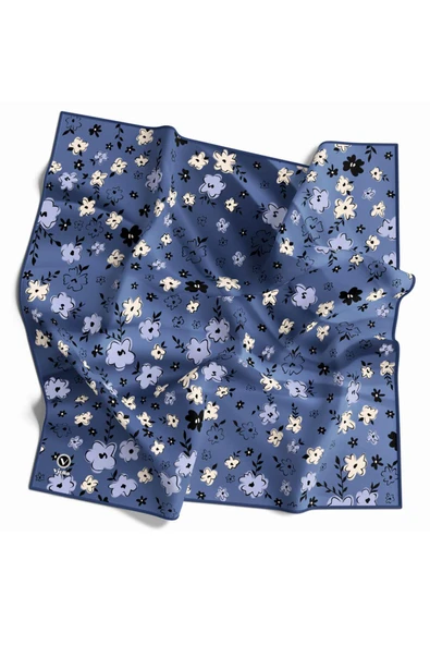 Rayon Papatya Desenli İndigo Renkli 90x90 Eşarp (İpek İçermez) Kenar Dikiş Şekli El Dikişli ürün görseli