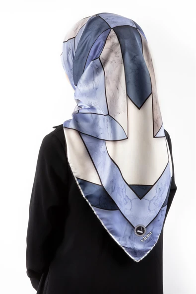 Twill Mermer Desenli İndigo - Lacivert Renkli 90x90 Eşarp (İpek İçermez) Kenar Dikiş Şekli El Dikişli ürün görseli