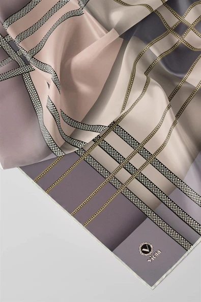 Twill Geometrik Desenli Bej Renkli 90x90 Eşarp (İpek İçermez) Kenar Dikiş Şekli El Dikişli - Resim 3