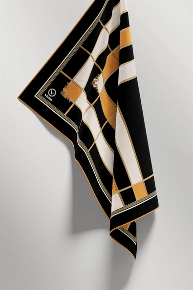 Twill Gold Detaylı Kareli Desenli Sarı Renkli 90x90 Eşarp (İpek İçermez) Kenar Dikiş Şekli El Dikişli - Resim 4