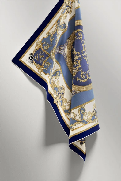Twill Barok Desenli İndigo Renkli 90x90 Eşarp (İpek İçermez) Kenar Dikiş Şekli El Dikişli - Resim 3