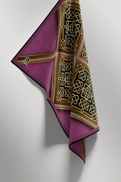 Twill Gold Çerçeveli Barok Desenli Mürdüm Renkli 90x90 Eşarp (İpek İçermez) Kenar Dikiş Şekli El Dikişli - Resim 5