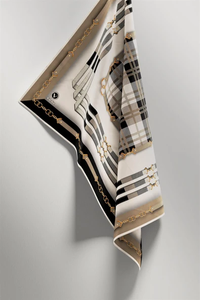 Twill Ekoseli Ve Zincir Desenli Bej Renkli 90x90 Eşarp (İpek İçermez) Dikim Şekli : El Dikişi - Resim 5