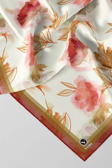 Twill Suluboya Çiçek Desenli Bordo Renkli 90x90 Eşarp (İpek İçermez) Kenar Dikiş Şekli El Dikişli - Resim 2